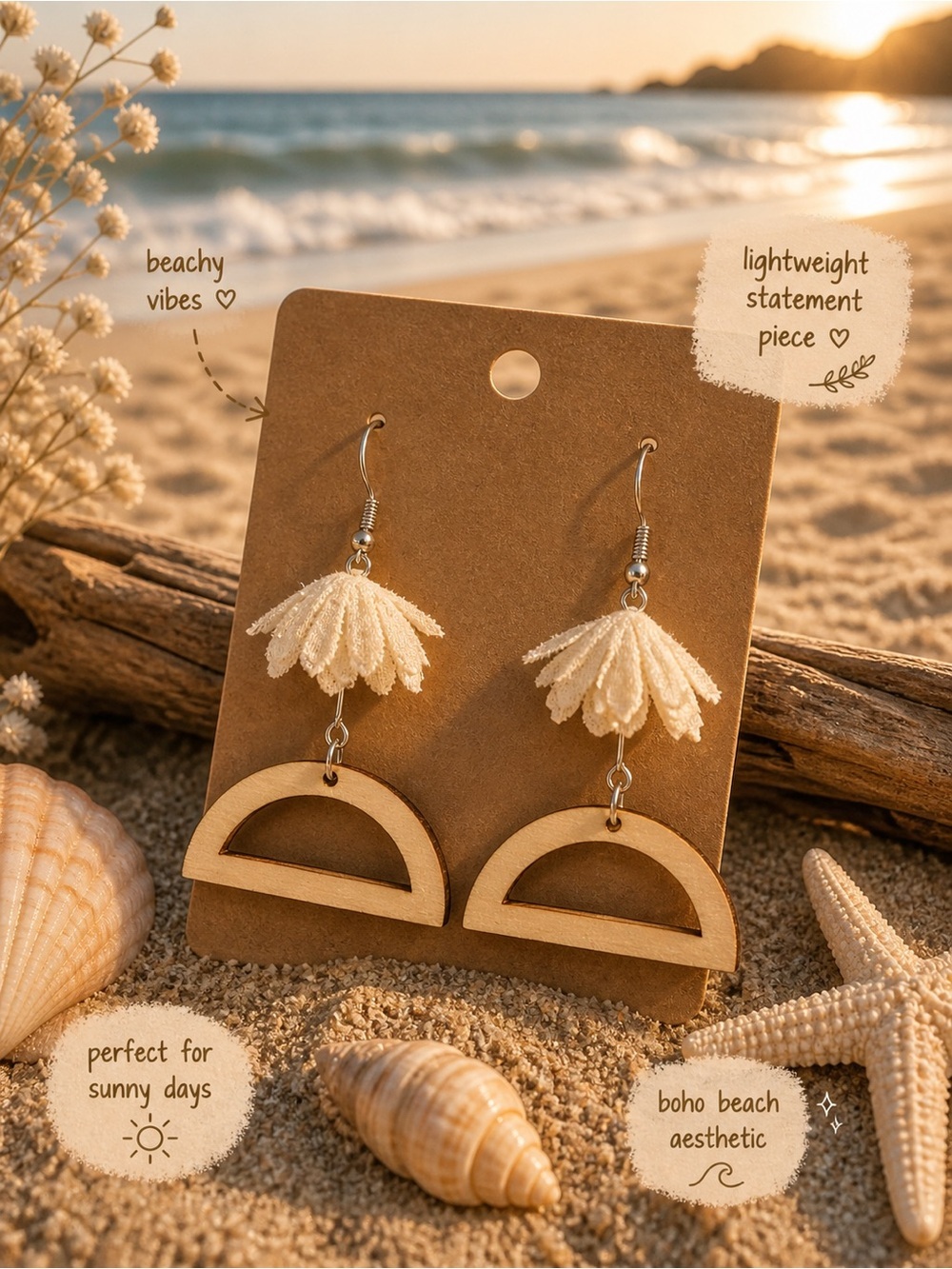 Hand Crafted Cream Floral Tassel and Wood Half-Moon Drop Earrings